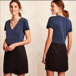 Dolan Anthropologie Colorblock Dress Medium Blue Black V Neck Short Sleeve T Shi
